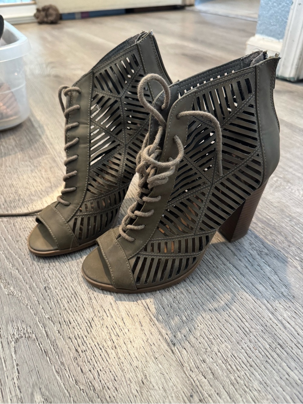 Women's Lace-Up Cutout Peep-Toe Booties - Olive